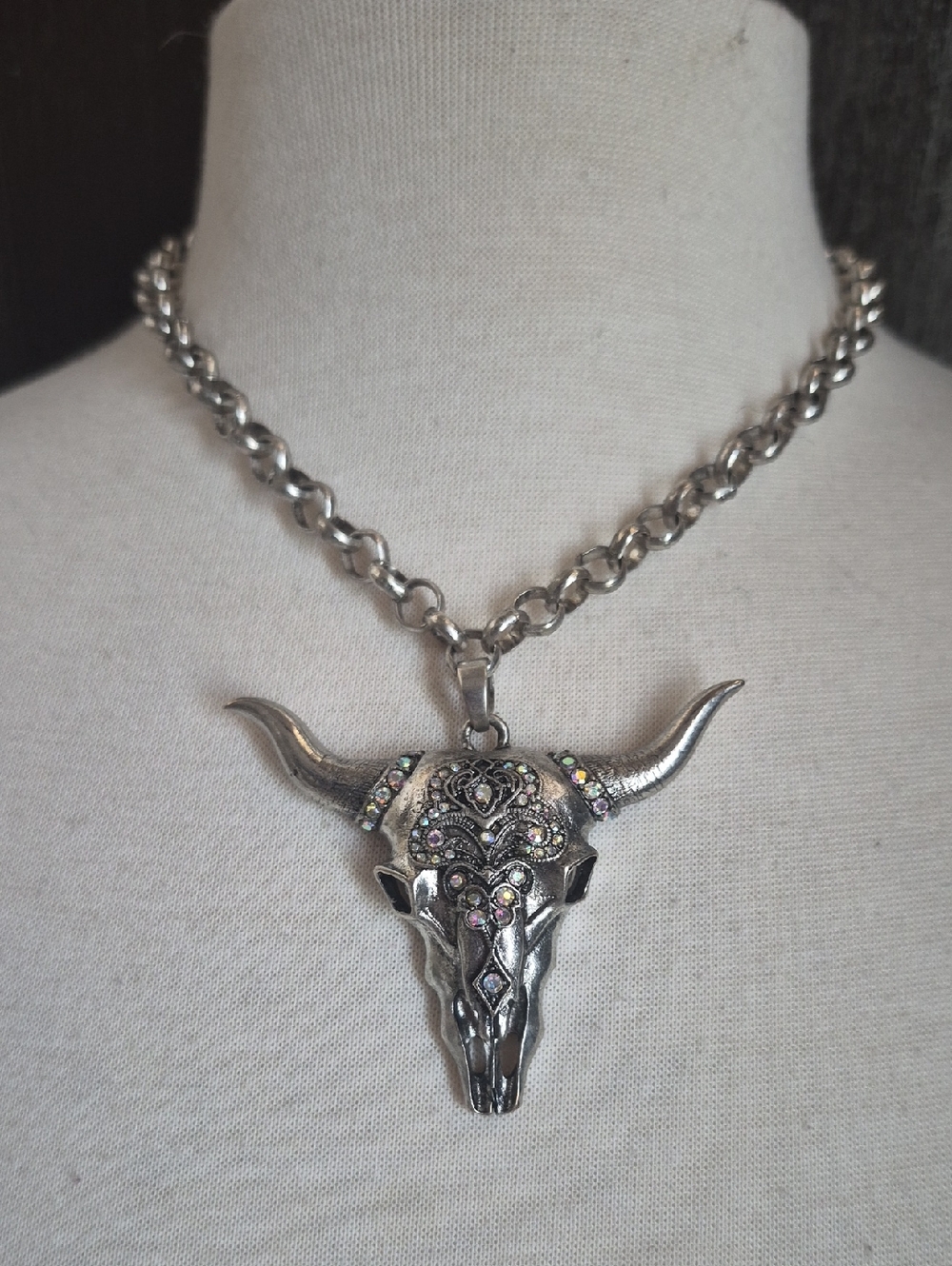 Neiman Marcus Silver-Tone Bull Skull Pendant Necklace with Iridescent Accents
